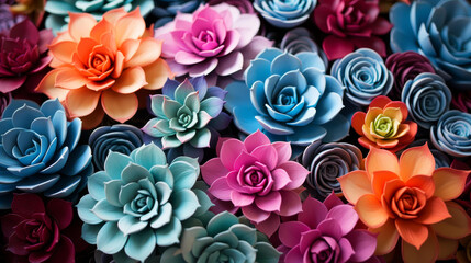 A vibrant display of succulent rosettes with colorful foliage set against a desert plant background for decorative gardening.