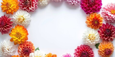 Fototapeta premium Flowers composition. Flat lay Top view. Border frame made of magenta, peach fuzz, red dahlia isolated white background. Vivid pink flowerheads. Beautiful backdrop for design. Floral assorted dahlias