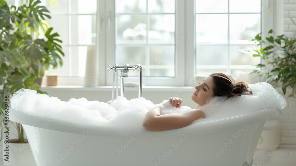 Wall mural Beautiful young woman relaxes in a bathtub filled with foam. modern white window