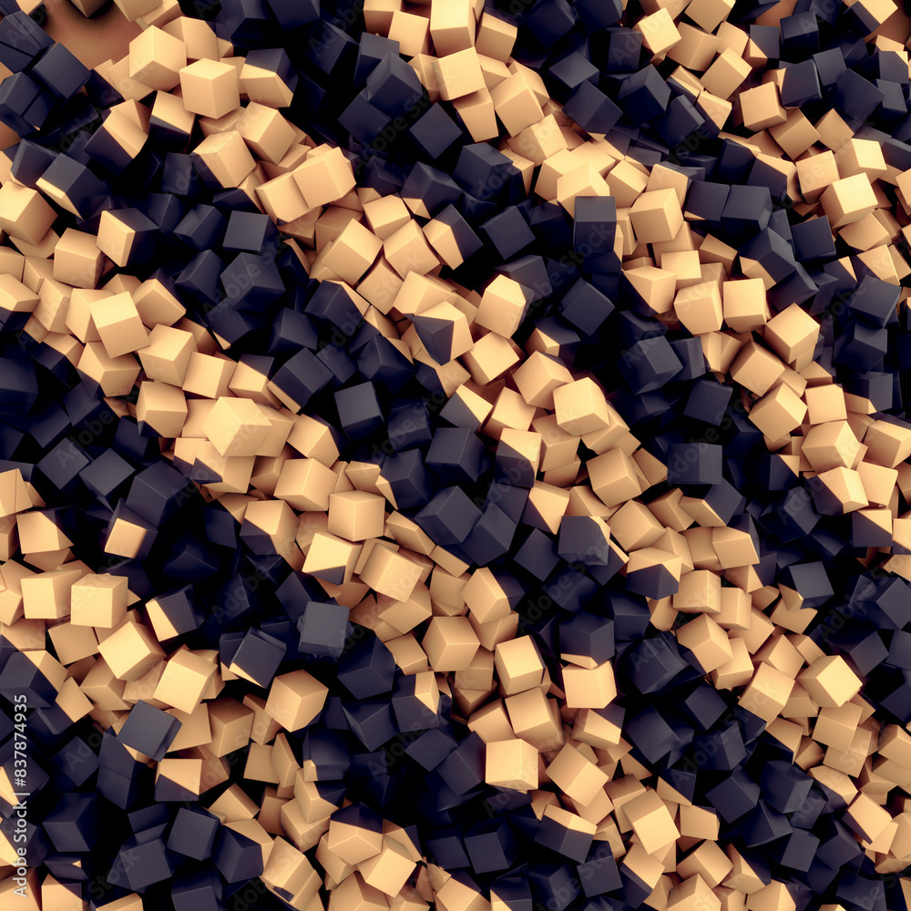 Poster Digital illustration of a pattern consisting of many small three-dimensional cubes in black and yellow. 3d rendering