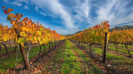 Naklejka premium Endless Rows of Grapevines Mirage., Harvest time, a stage in the wine-making process, les vendanges, grape harvesting, a seasonal job.