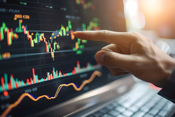 Businessman's hand pointing at stock market graph