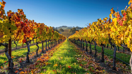 Naklejka premium Vibrant Grapevines Across Horizon View., Harvest time, a stage in the wine-making process, les vendanges, grape harvesting, a seasonal job.