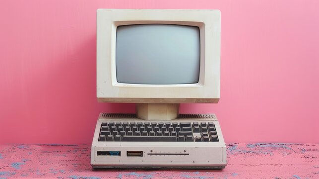 Retro old computer monitor with a blank screen and an isolated keyboard on light pink background.