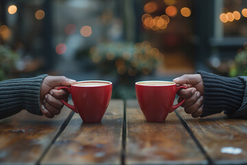 Red coffee cups of cappuccino in the hands of a lovely couple man and woman, dating wooden table lunch. - Powered by Adobe