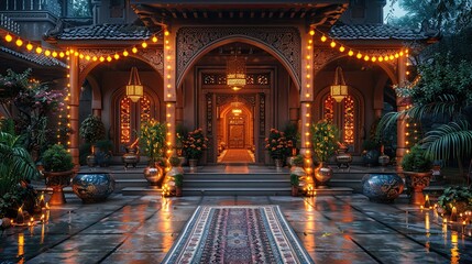Obraz premium A beautifully decorated home with lights, and traditional ornaments, ready to welcome guests for the celebration.