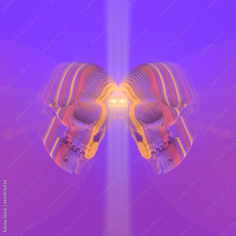 Aufkleber 3d rendering digital illustration of two opposing layered skulls composed of colorful stripes