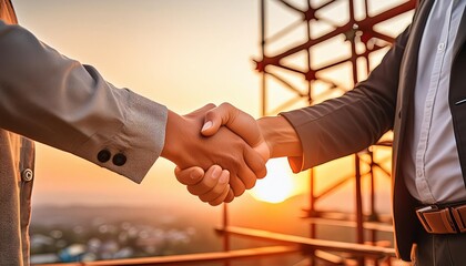 Close-up of a business handshake at a construction site during sunset. The warm, golden light highlights the partnership and cooperation between professionals in the construction industry. 