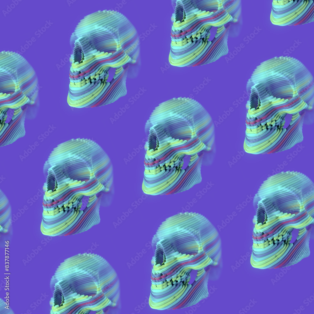 Aufkleber 3d rendering skulls composed of intricate colored layers on a bright purple background. digital illu
