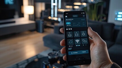A close-up of a hand holding a smartphone displaying a smart home control app.