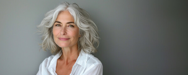 Close-up portrait of a radiant woman in her 50s, exuding elegance with luxurious gray hair and a...