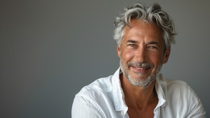 Fototapeta premium Mature model businessman laughing heartily, with well-maintained skin and a brilliant smile