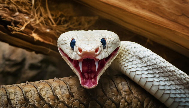 snake bite frontal into the camera, fangs, gloomy, head, scale, grim, big eyes
