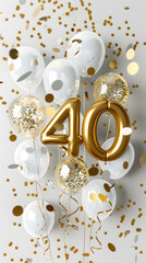 Golden foil number 40 balloon birthday design with balloons, party favors, ribbons, confetti and glitter