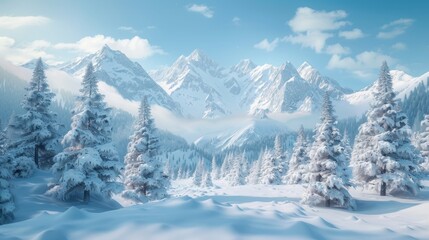 Realistic snowy mountains flat design front view winter 3D render splitcomplementary color scheme