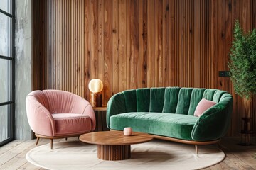 Cozy modern living room with Japandi home interior design: Pink curved sofa and green armchair against wood paneling wall