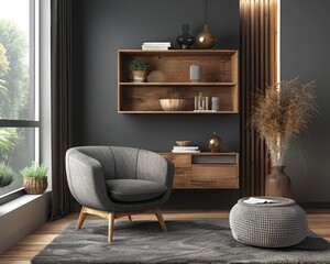 Cozy modern living room with Scandinavian style interior design: Grey barrel chair by window, wooden shelving unit, and cabinet on dark wall