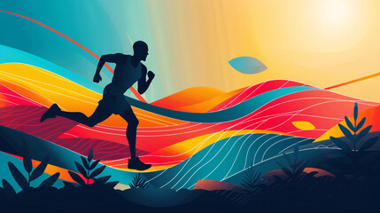 Naklejka premium Vector banner of a runner in a marathon, featuring abstract shapes and a gradient trail