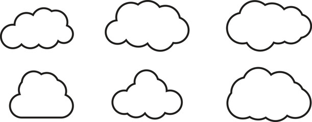 Cloud Icon Black Line | Clouds Illustration | Weather Climate Symbol | Computing Storage Logo | Cartoon Bubble Sign | Isolated | Variations