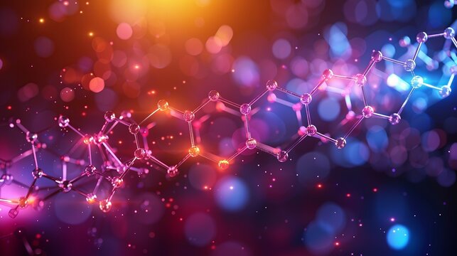An eye-catching biotech background with geometric shapes in vibrant hues, centered around a molecular model of a synthetic compound, showcasing innovation in biochemical engineering. shiny, Minimal