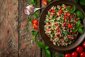 Middle eastern and Mediterranean traditional vegetable salad tabbouleh with couscous on rustic metal plate and wooden background from above. Arab Turkish food.