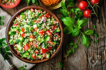 Middle eastern and Mediterranean traditional vegetable salad tabbouleh with couscous on rustic metal plate and wooden background from above. Arab Turkish food.