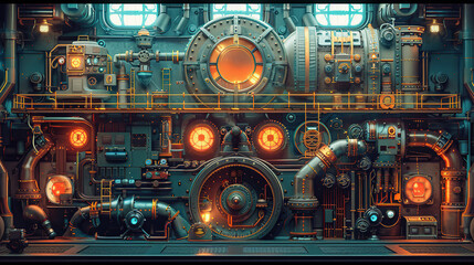 Fototapeta premium old town, construction, vintage background, products, enginer, generative, ai, steampunk, clock background, machine, mechanical, blue, gold, gear, clock, watch, mechanism, architecture, church, buildi