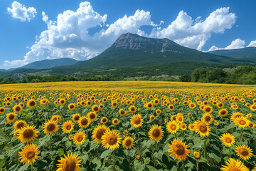 Field of blooming sunflowers on a background sunset
