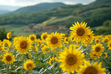 Field of blooming sunflowers on a background sunset
