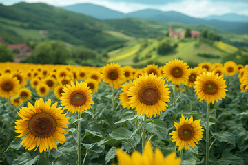 Field of blooming sunflowers on a background sunset
