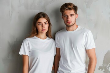 Obraz premium Male and female models in cotton white t-shirts on gray wall in the background. White t-shirt mockup.