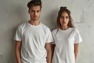 Fototapeta premium Male and female models in cotton white t-shirts on gray wall in the background. White t-shirt mockup.