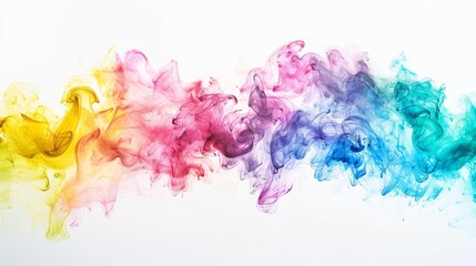 Colorful smoke effect with vibrant hues of yellow, pink, purple, blue, and green on white background. Dreamy and artistic design.
