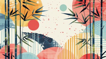 Abstract Japanese-inspired artwork featuring bamboo and colorful geometric shapes, combining traditional and modern design elements.