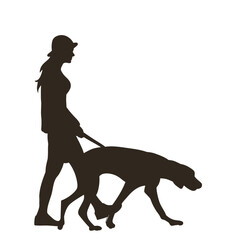 woman walking with dog silhouette, vector