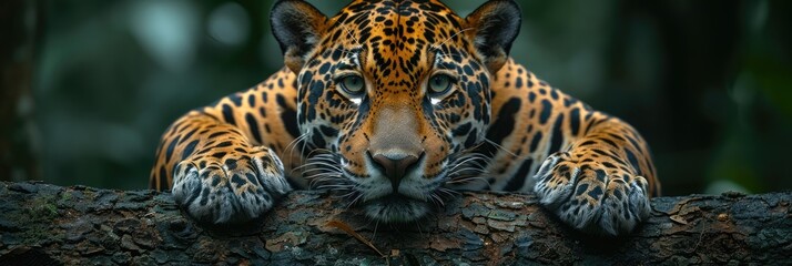 Close-up of a majestic jaguar resting on a tree branch in a dense forest, showcasing its beautiful fur pattern and intense gaze. - Powered by Adobe