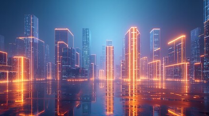 Fototapeta premium Futuristic city skyline with illuminated skyscrapers and modern architecture