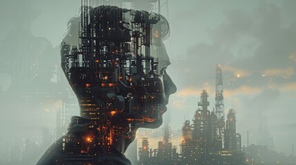 Double exposure of a human silhouette blended with an urban industrial landscape, symbolizing the merging of humanity and technology.