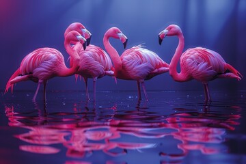 A group of pink flamingos standing in tranquil water with a vibrant, colorful light reflecting their elegant shapes, creating a surreal atmosphere. - Powered by Adobe