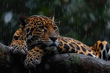 Obraz premium A majestic jaguar rests on a tree branch in the rain, showcasing its beautiful spotted coat, surrounded by lush green foliage.