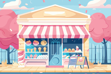 Charming bakery shop front cartoon style, pink white striped awning. Delicious pastries displayed window, cute pink candy cane decoration bakery exterior. Quaint smalltown colorful illustration
