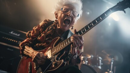 Obraz premium Grandmother playing electric guitar and screaming a song on stage as a rock star.