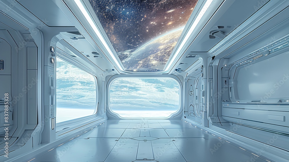 Poster An empty spaceship refresh room with white walls. The ceiling is a screen projecting a breathtaking view of outer space. The room is meticulously detailed, sci-fi aesthetic. Generative AI.