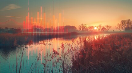 Fototapeta premium Serene landscape with glowing orange energy bars