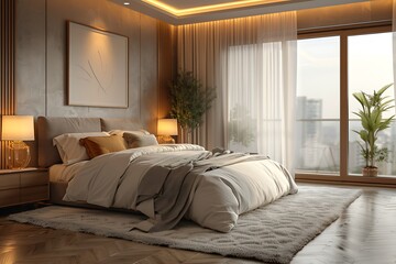 Modern cozy bedroom on transparent background.
