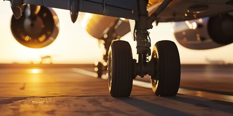 Close-up of aircraft landing gear touching down, sharp focus, sunset light 