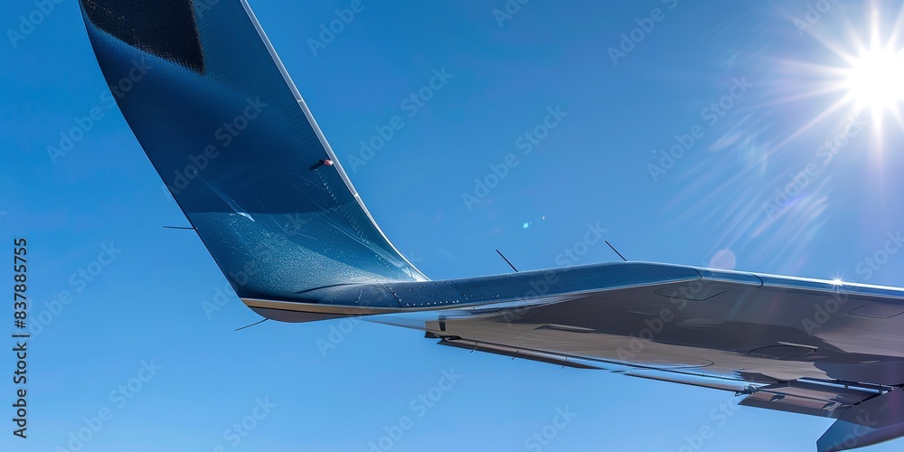 Canvas Prints Tail fin of plane during landing, close-up, clear blue sky, midday sun