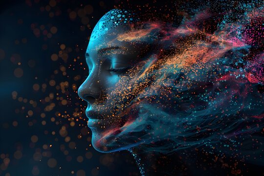 An abstract representation of an AI woman's face with digital particles and vibrant colors, symbolizing the concept of artificial intelligence in creative design
