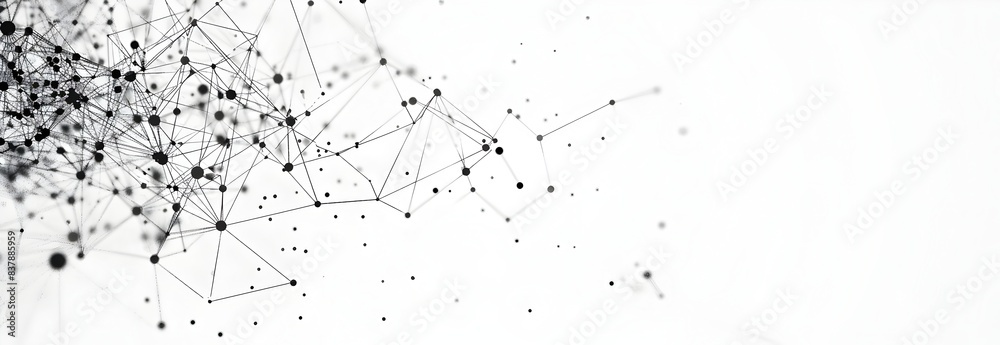 Poster black and white network connection dots form a mesh grid structure in shades of gray on the left sid