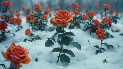 Red roses bloom amidst white snow in garden. Generative AI  